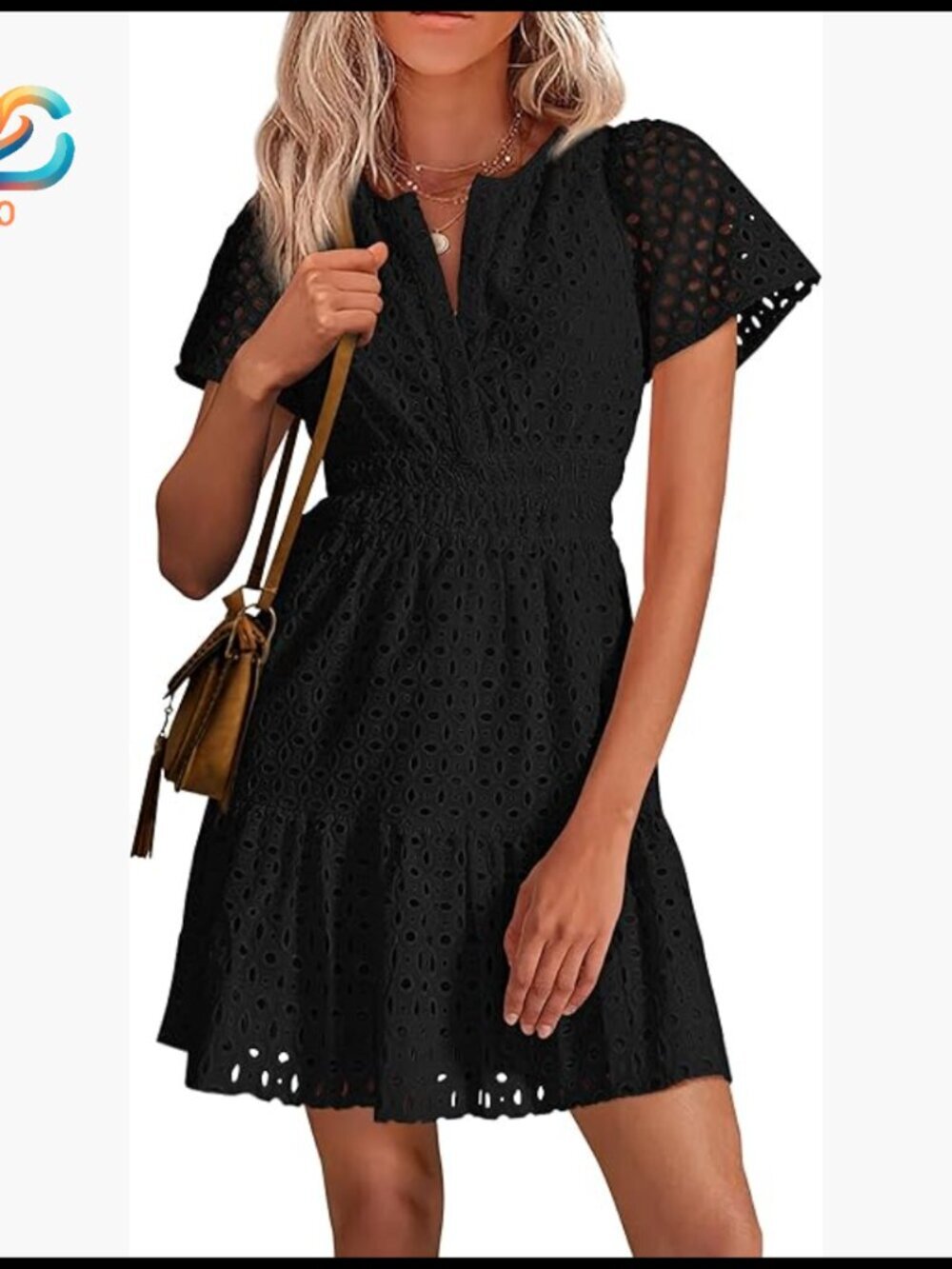 V-Neck Short Sleeve A-Line Mini Dress Hollow Out Lace Casual Summer